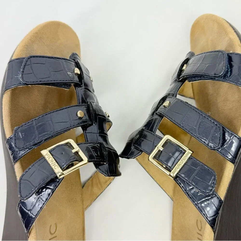 Vionic RADIA Blue Patent Reptile Embossed Triple T Strap Slide Wedge Sandals